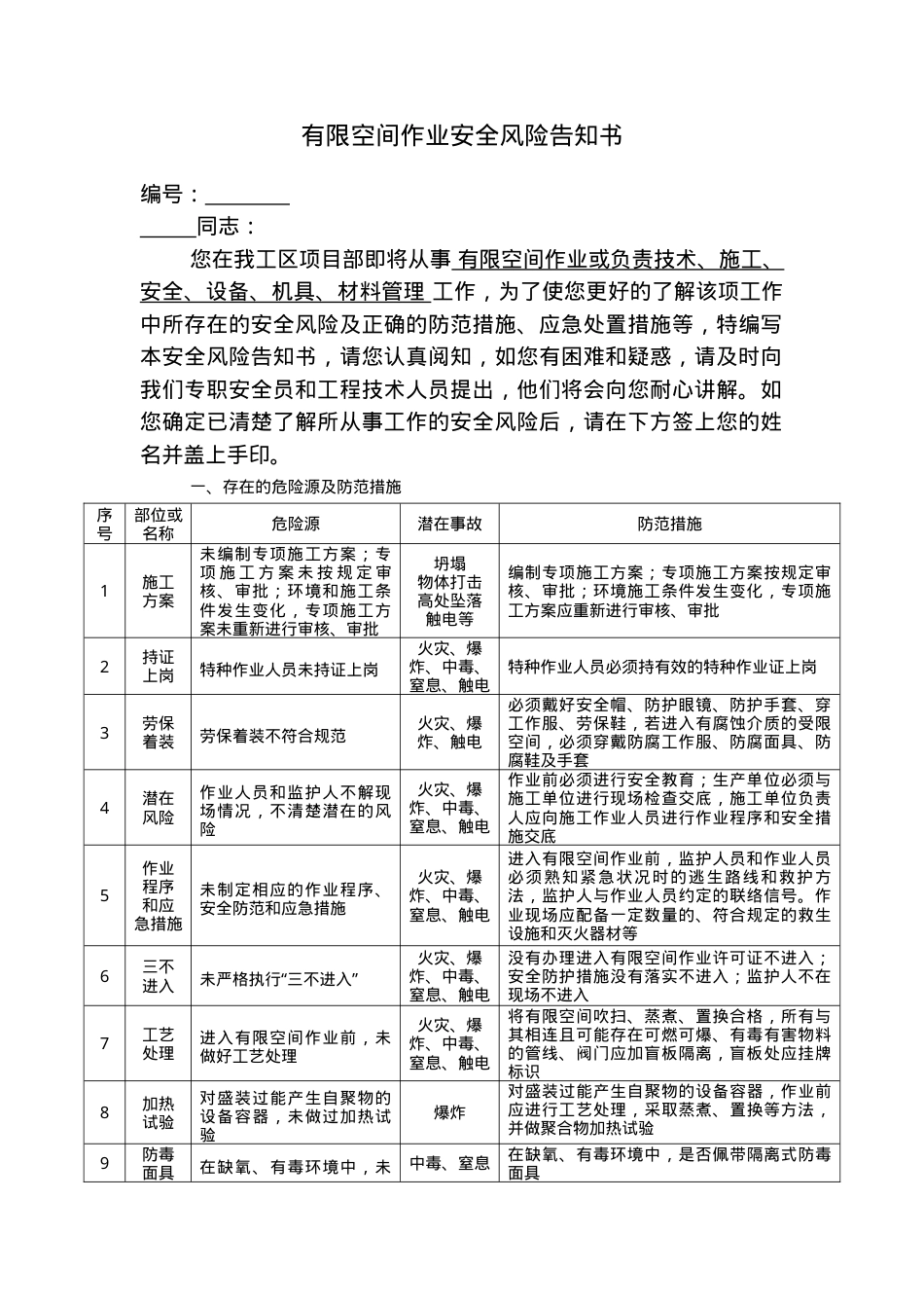 【告知牌】有限空间作业安全风险告知书.doc_第1页