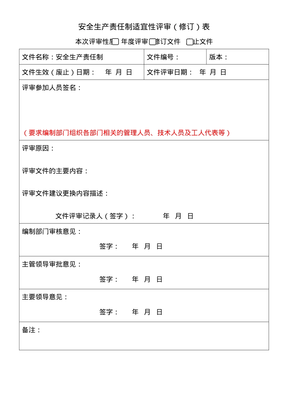 3、安全生产和职业卫生责任制适宜性评审（修订）表.doc_第1页