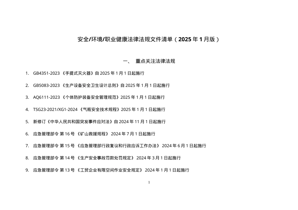 安全环境职业健康法律法规文件清单（2025年1月版）.doc_第1页